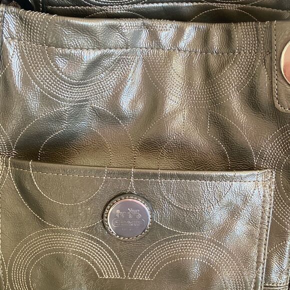 Coach Women’s Patent Leather Gray Stitched Monogram Top Zip Shoulder Handbag - Picture 9 of 16